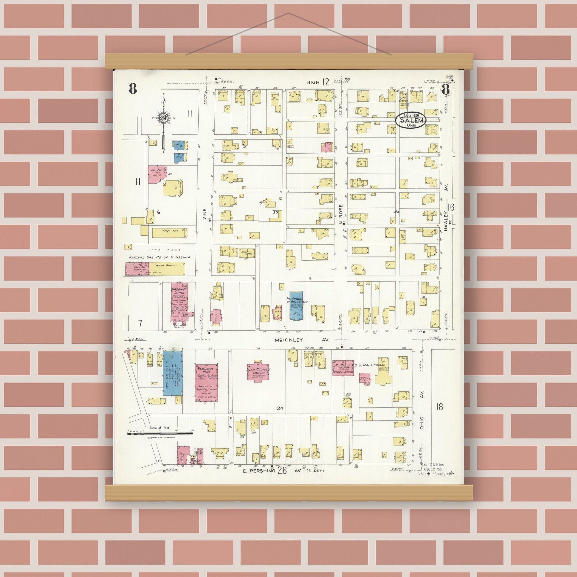 Old map wall art mockup — magnetic wood frame on brick wall — Sanborn Fire Insurance Map from Salem, Columbiana County, Ohio (1926), Sheet #0008
