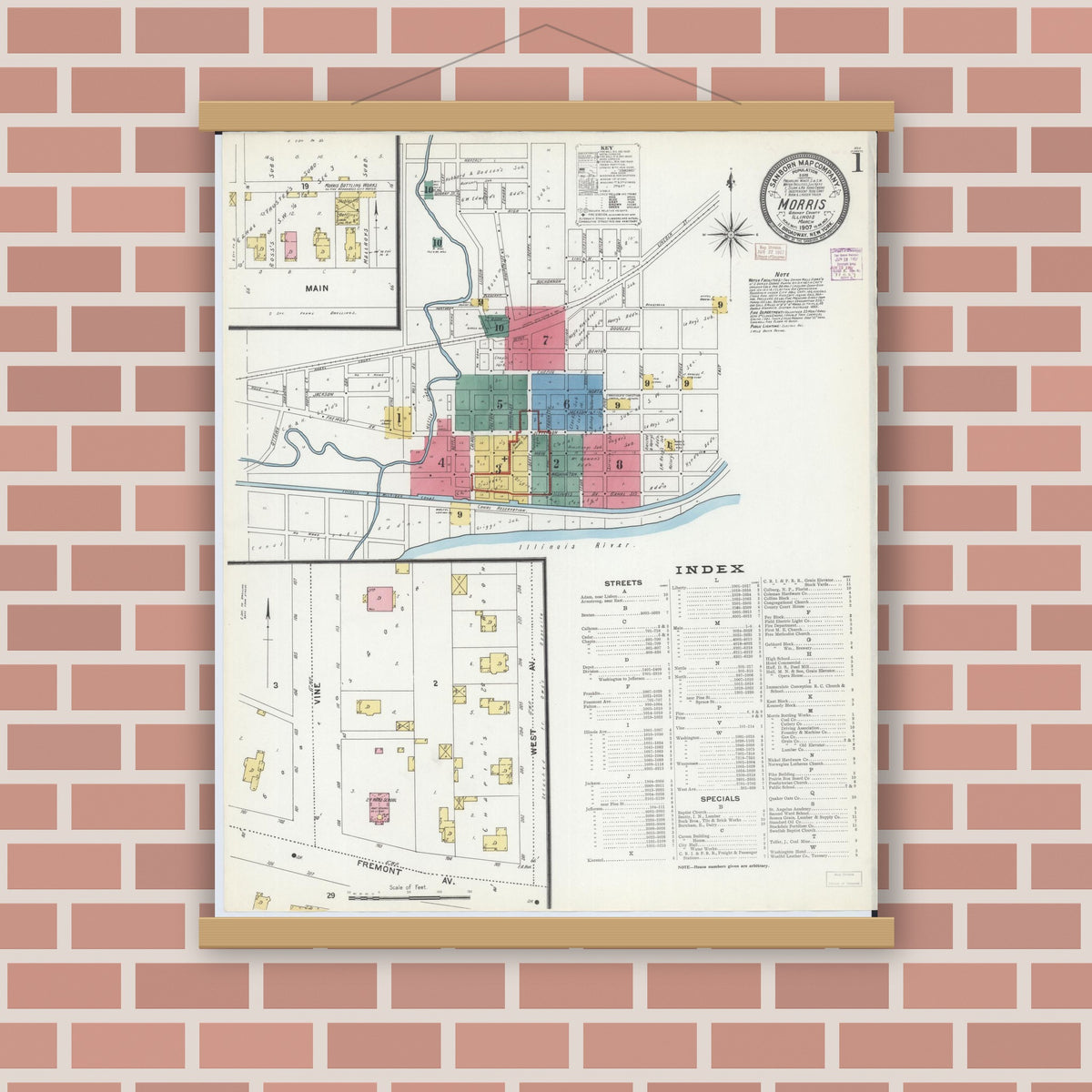 Old map wall art mockup — magnetic wood frame on brick wall — Sanborn Fire Insurance Map from Morris, Grundy County, Illinois (1907) - Complete Map Set