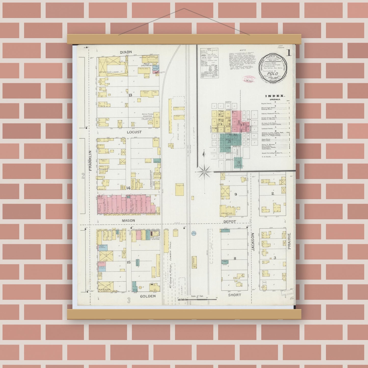 Old map wall art mockup — magnetic wood frame on brick wall — Sanborn Fire Insurance Map from Polo, Ogle County, Illinois (1893), Sheet #0001