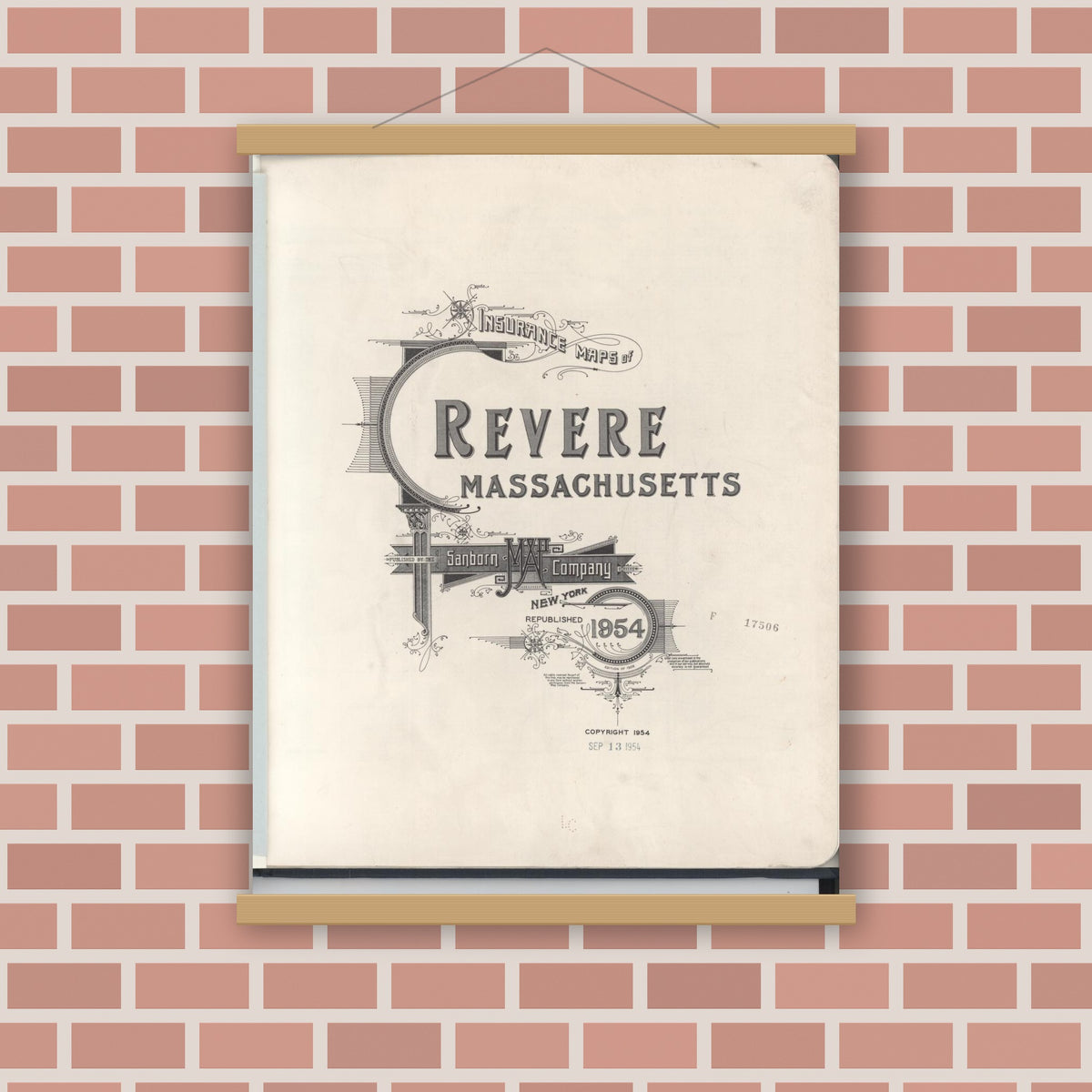 Old map wall art mockup — magnetic wood frame on brick wall — Sanborn Fire Insurance Map from Revere, Suffolk County, Massachusetts (1954), Sheet #0001