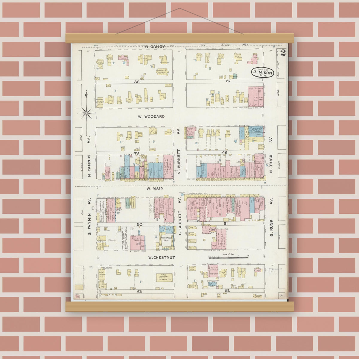 Old map wall art mockup — magnetic wood frame on brick wall — Sanborn Fire Insurance Map from Denison, Grayson County, Texas (1888), Sheet #0002