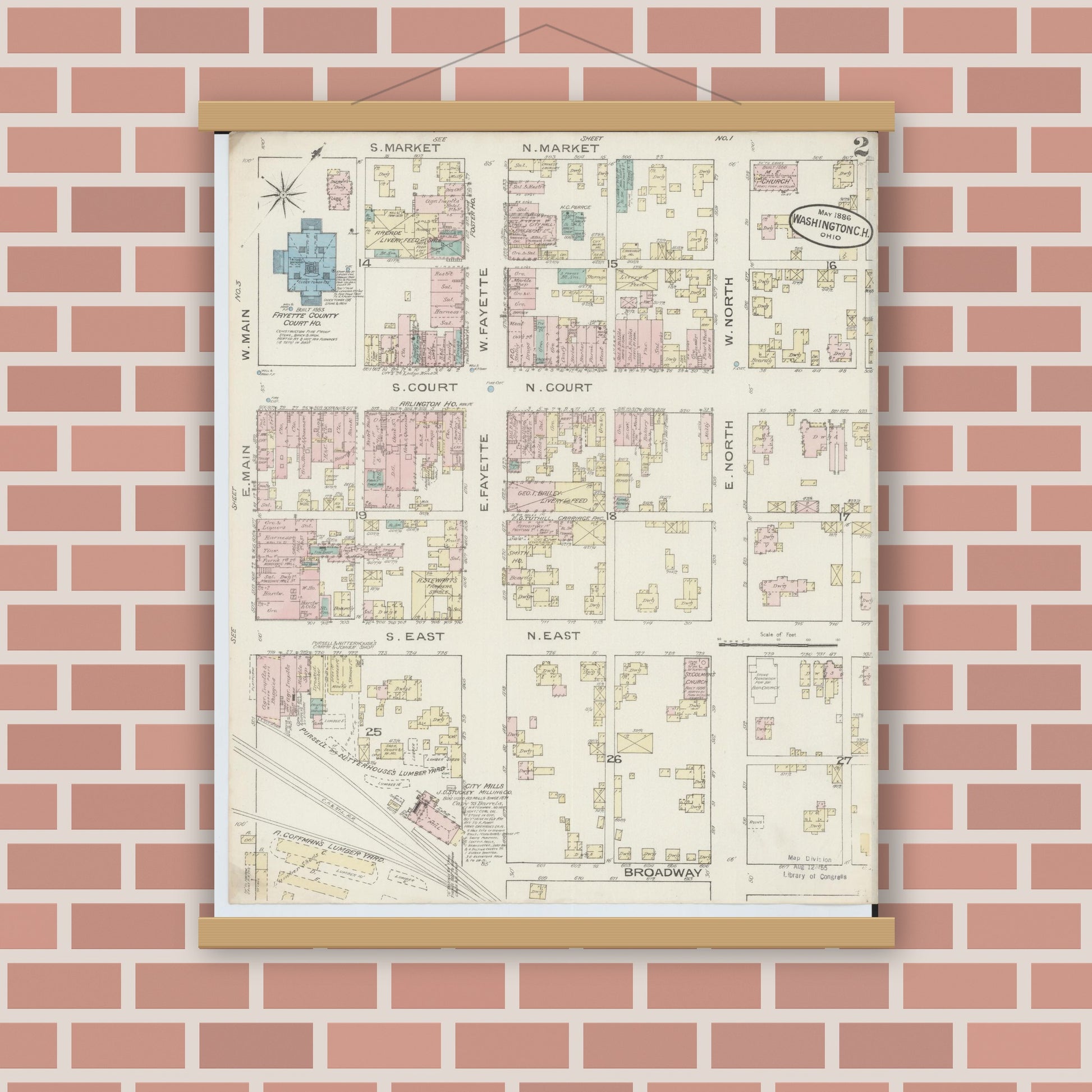 Old map wall art mockup — magnetic wood frame on brick wall — Sanborn Fire Insurance Map from Washington Court House, Fayette County, Ohio (1886), Sheet #0002