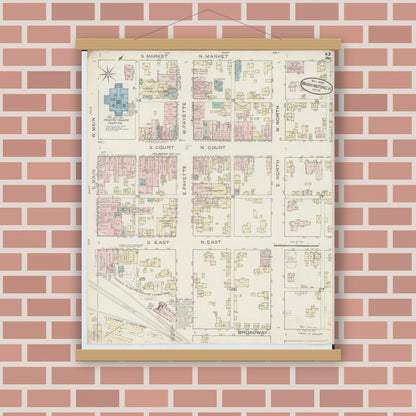 Old map wall art mockup — magnetic wood frame on brick wall — Sanborn Fire Insurance Map from Washington Court House, Fayette County, Ohio (1886), Sheet #0002