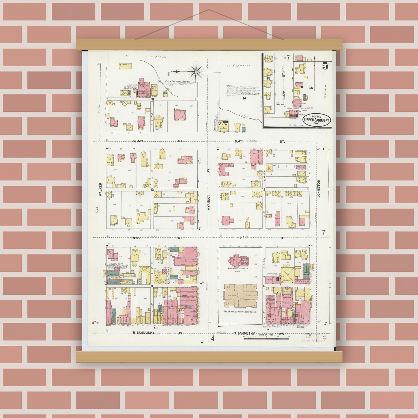 Old map wall art mockup — magnetic wood frame on brick wall — Sanborn Fire Insurance Map from Upper Sandusky, Wyandot County, Ohio (1902), Sheet #0005