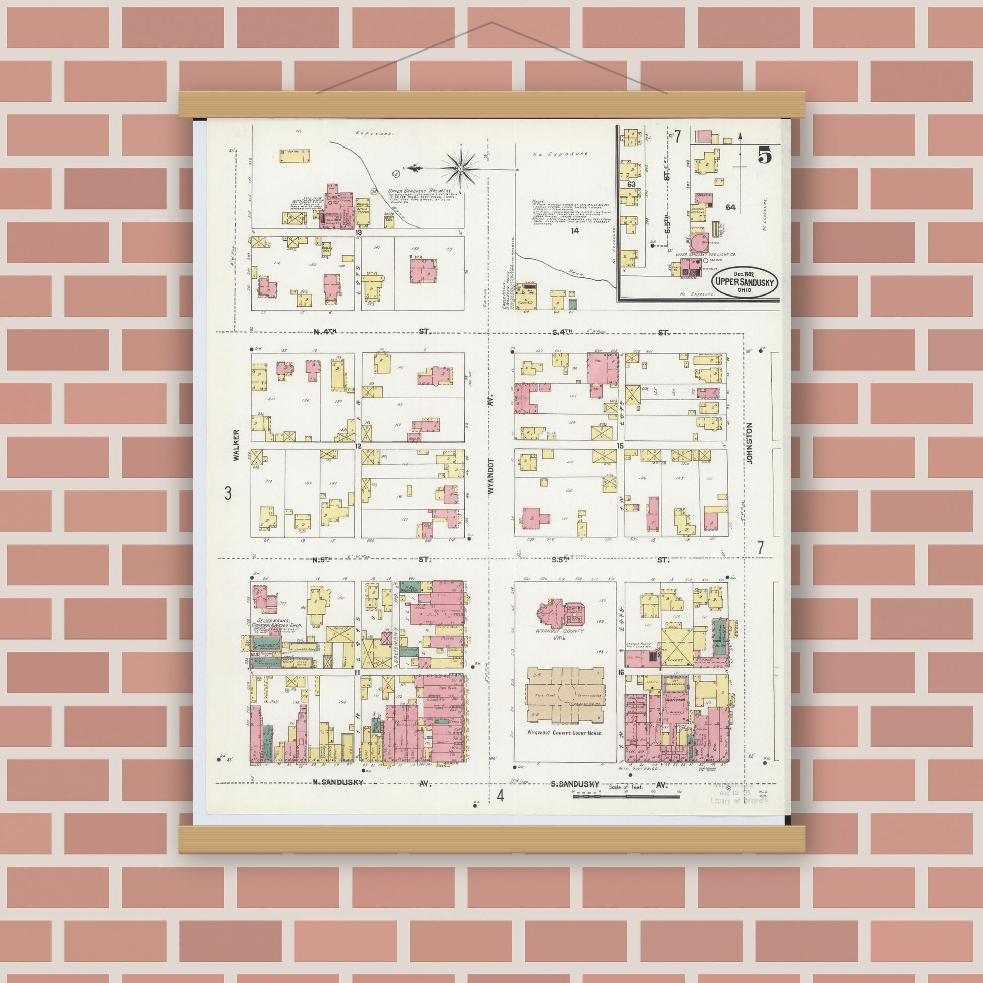 Old map wall art mockup — magnetic wood frame on brick wall — Sanborn Fire Insurance Map from Upper Sandusky, Wyandot County, Ohio (1902), Sheet #0005
