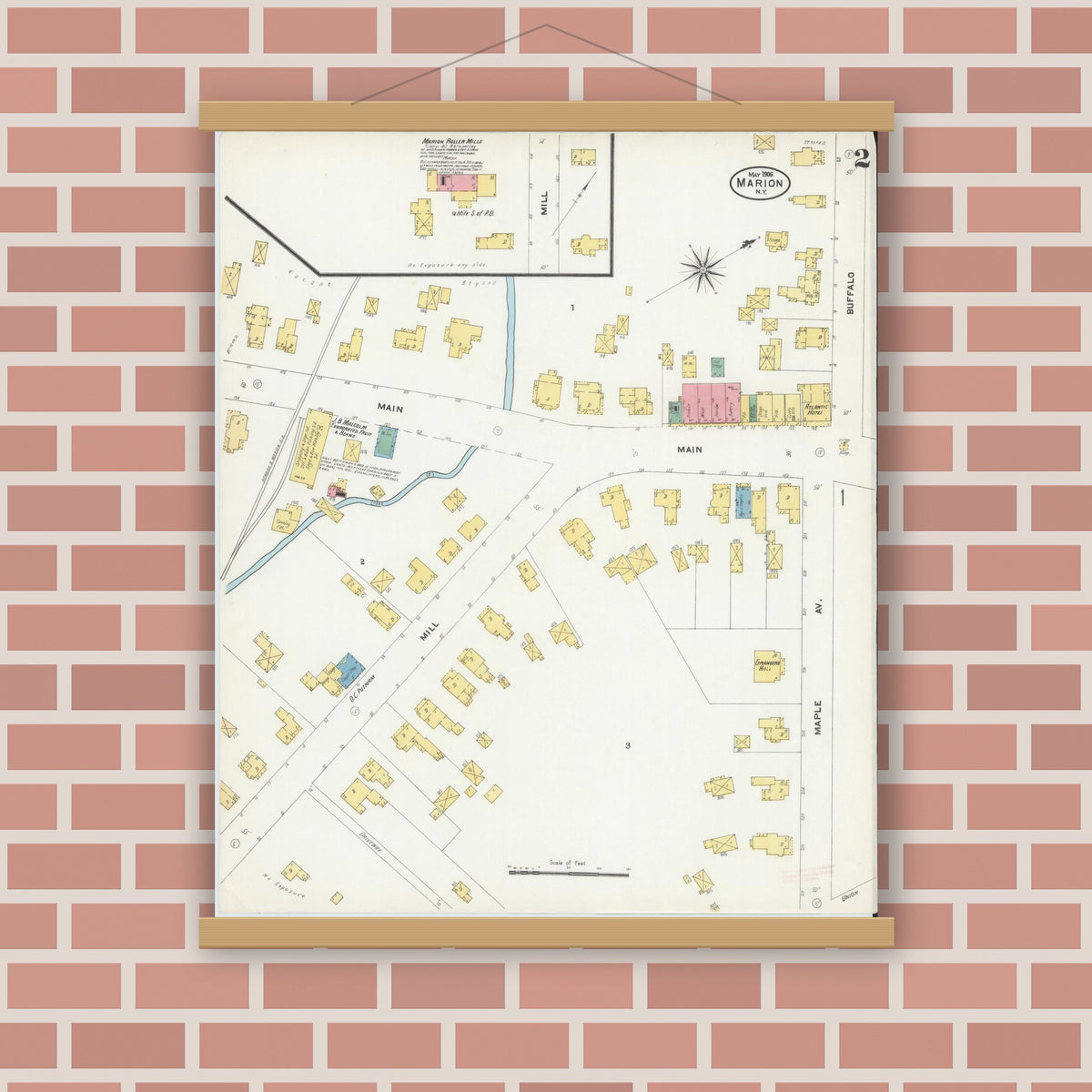 Old map wall art mockup — magnetic wood frame on brick wall — Sanborn Fire Insurance Map from Marion, Wayne County, New York (1906), Sheet #0002