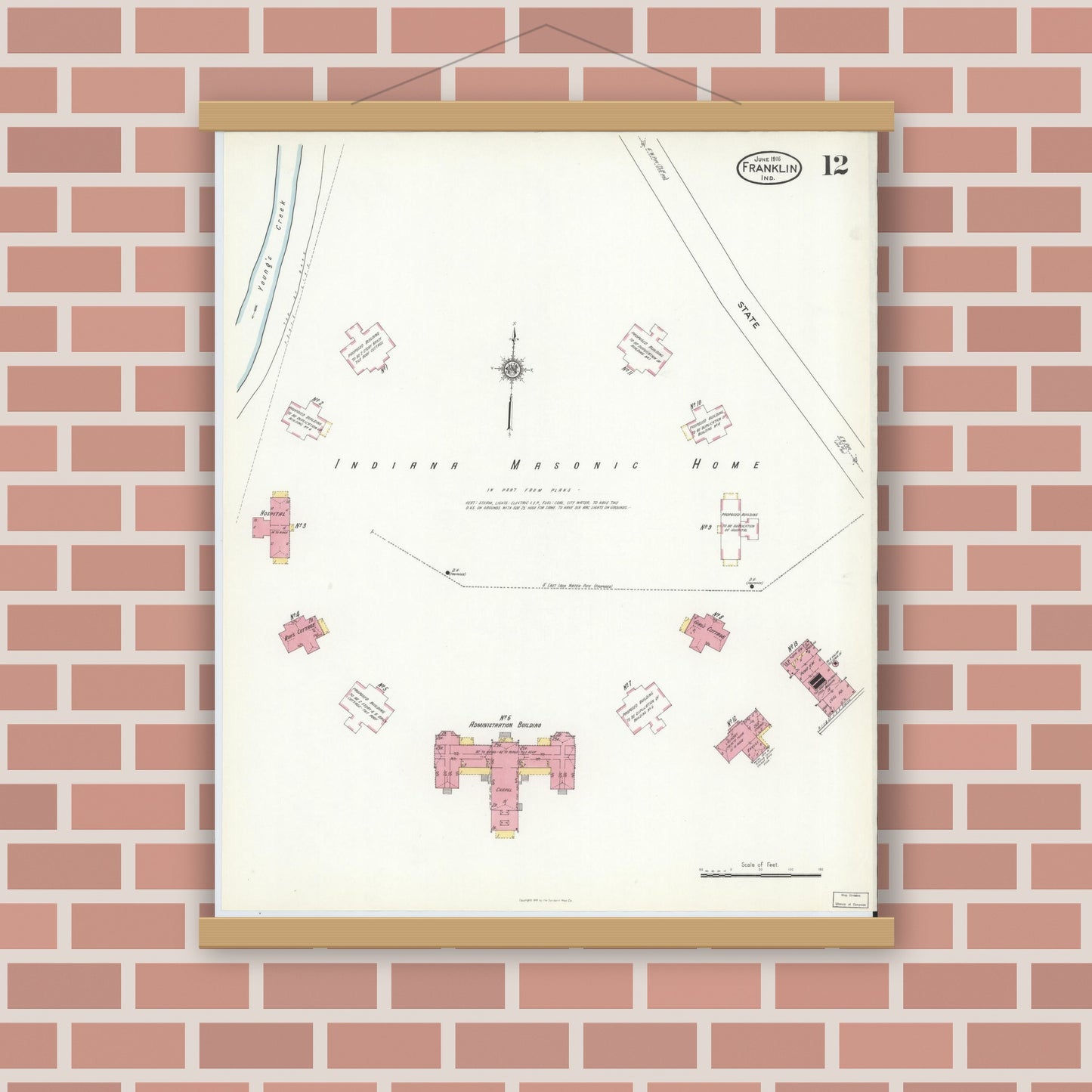 Old map wall art mockup — magnetic wood frame on brick wall — Sanborn Fire Insurance Map from Franklin, Johnson County, Indiana (1916), Sheet #0012