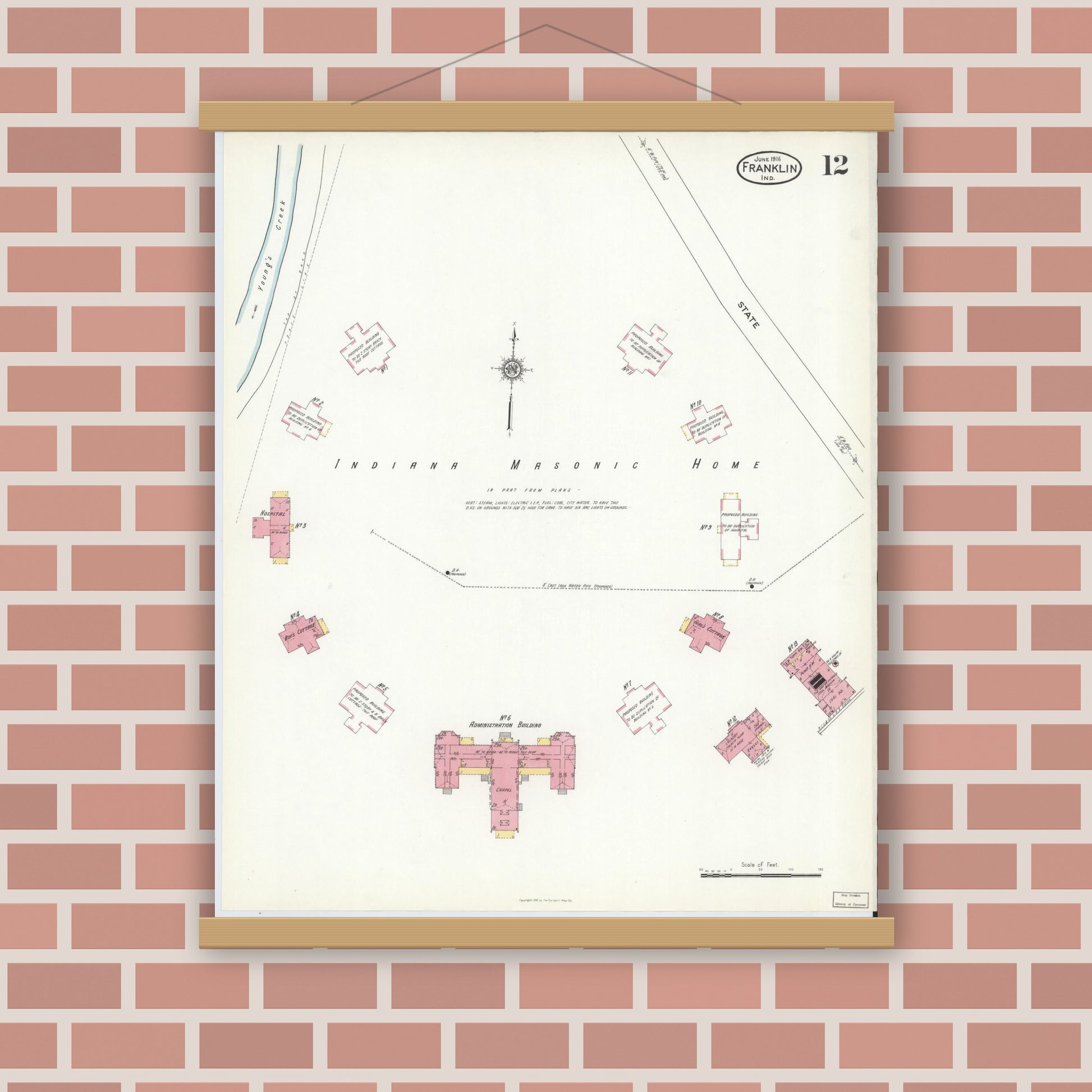 Old map wall art mockup — magnetic wood frame on brick wall — Sanborn Fire Insurance Map from Franklin, Johnson County, Indiana (1916), Sheet #0012