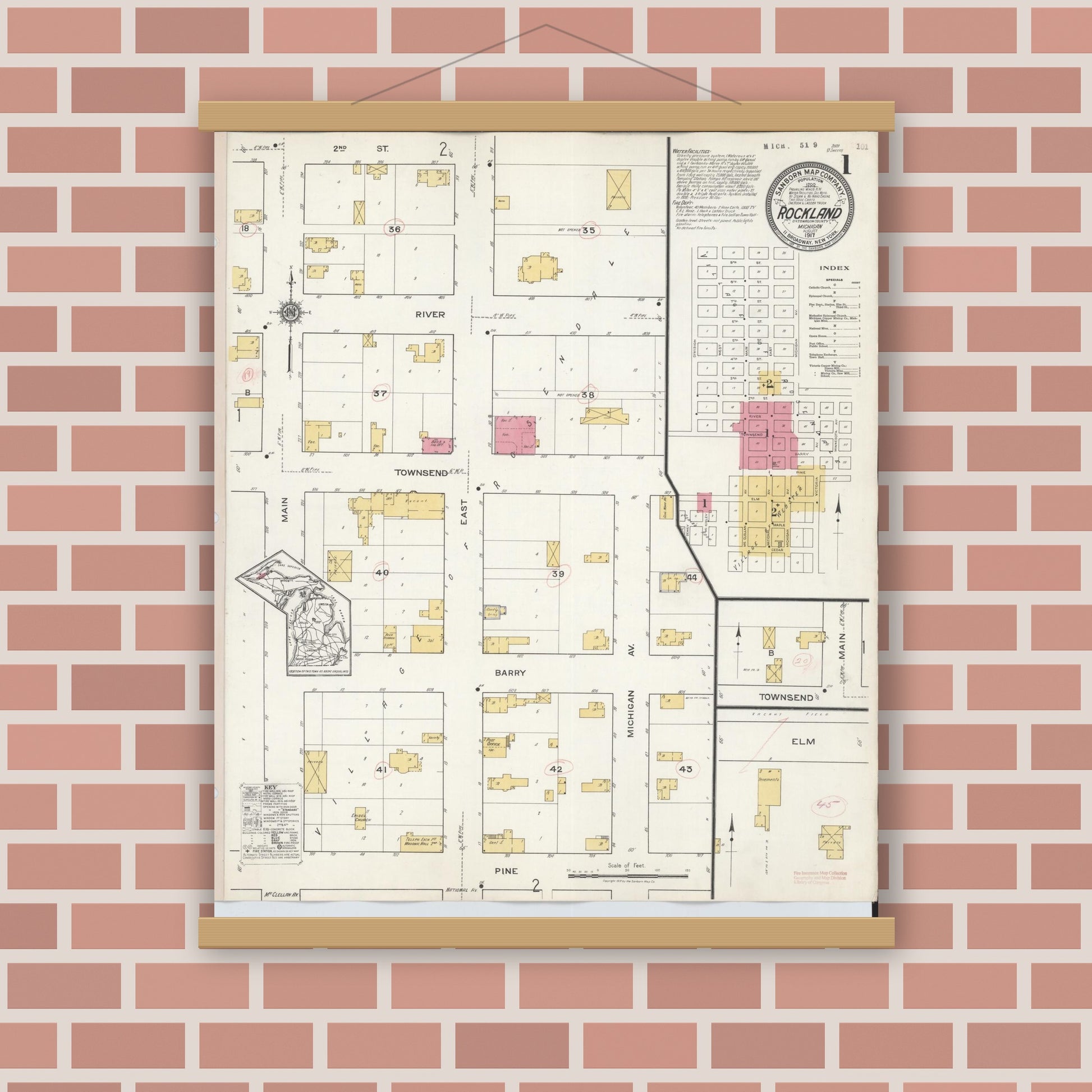 Old map wall art mockup — magnetic wood frame on brick wall — Sanborn Fire Insurance Map from Rockland, Ontonagon County, Michigan (1917) - Complete Map Set