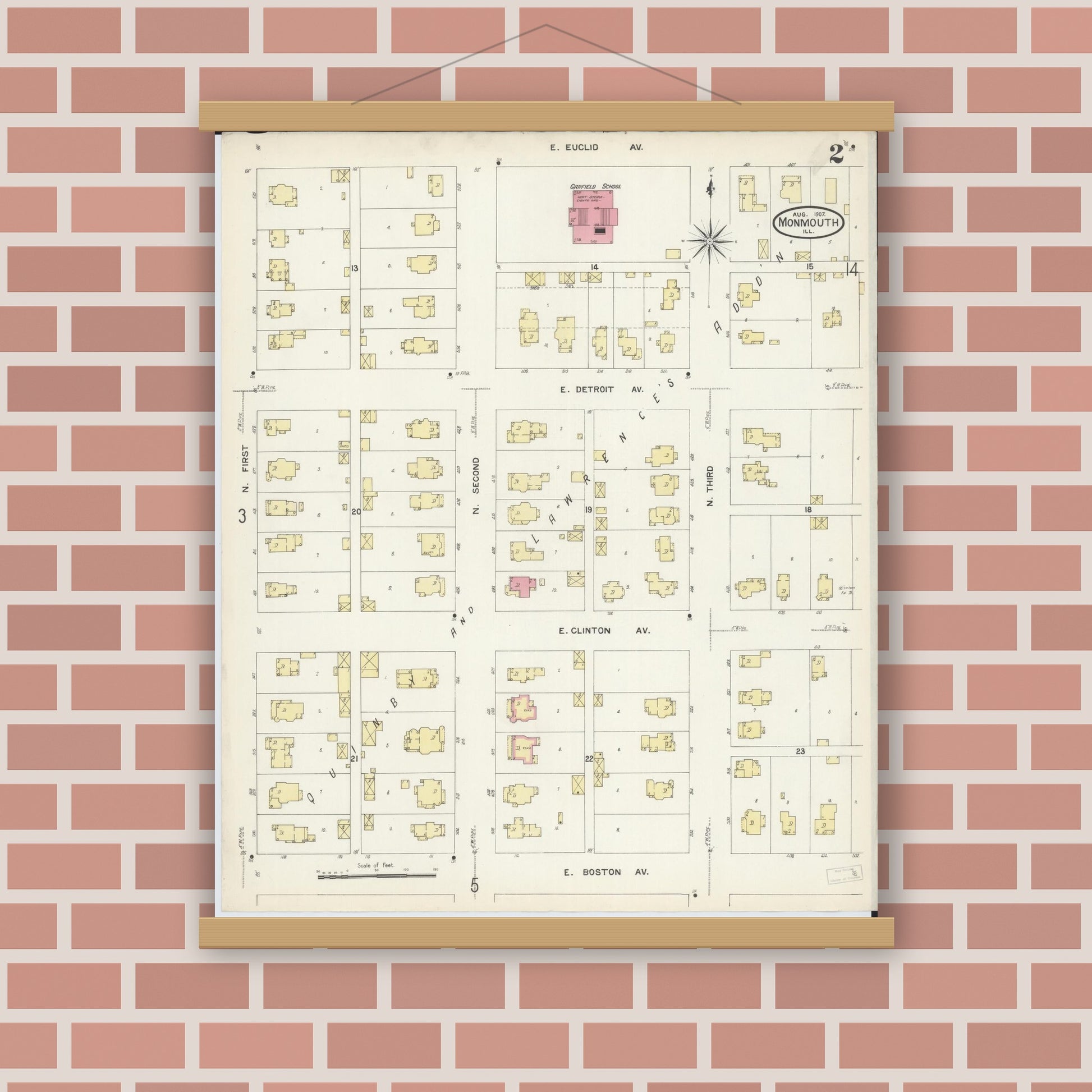 Old map wall art mockup — magnetic wood frame on brick wall — Sanborn Fire Insurance Map from Monmouth, Warren County, Illinois (1907), Sheet #0002