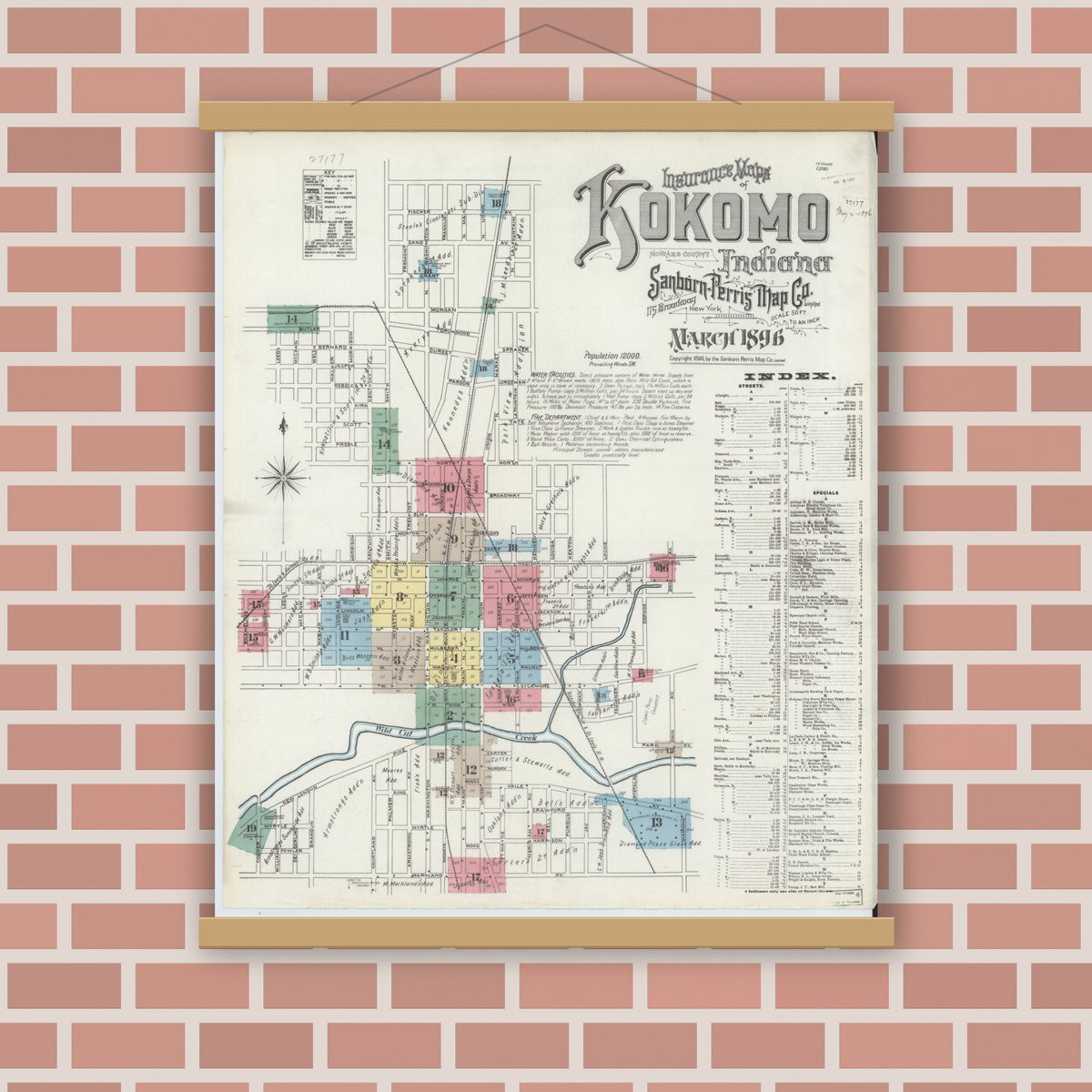 Old map wall art mockup — magnetic wood frame on brick wall — Sanborn Fire Insurance Map from Kokomo, Howard County, Indiana (1896), Sheet #0001