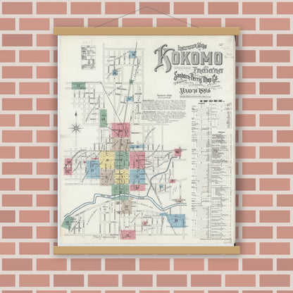 Old map wall art mockup — magnetic wood frame on brick wall — Sanborn Fire Insurance Map from Kokomo, Howard County, Indiana (1896), Sheet #0001