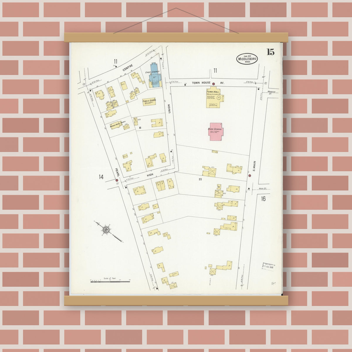 Old map wall art mockup — magnetic wood frame on brick wall — Sanborn Fire Insurance Map from Middleboro, Plymouth County, Massachusetts (1912), Sheet #0015
