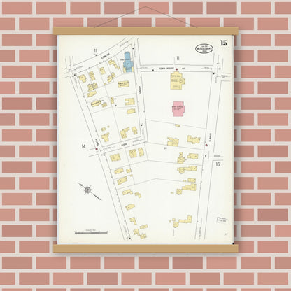 Old map wall art mockup — magnetic wood frame on brick wall — Sanborn Fire Insurance Map from Middleboro, Plymouth County, Massachusetts (1912), Sheet #0015