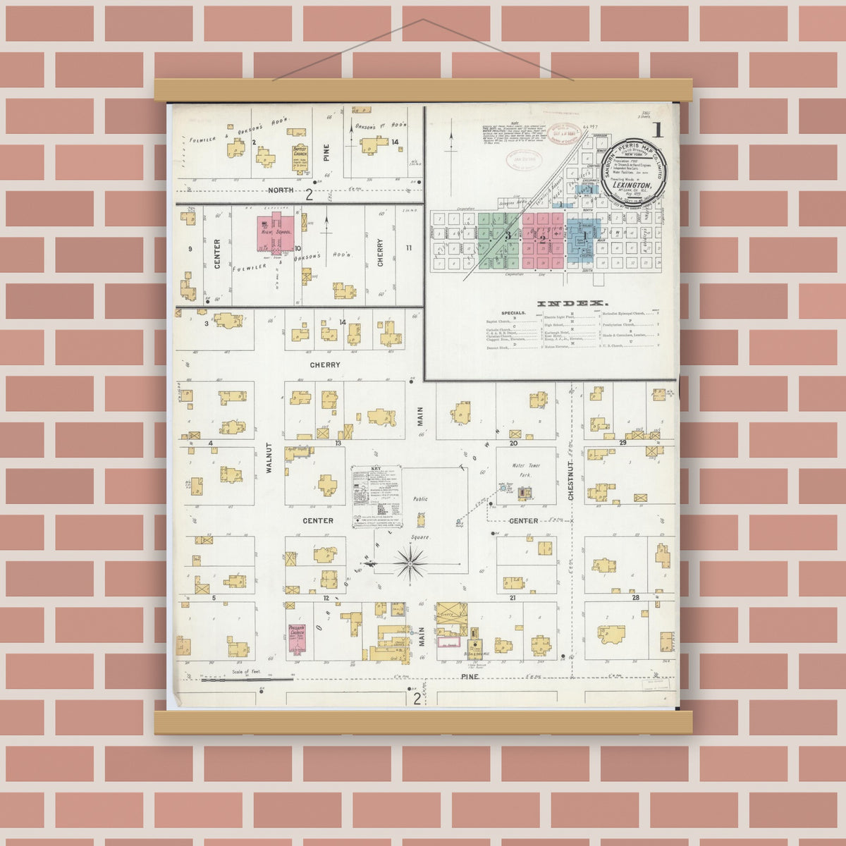 Old map wall art mockup — magnetic wood frame on brick wall — Sanborn Fire Insurance Map from Lexington, McLean County, Illinois (1899) - Complete Map Set