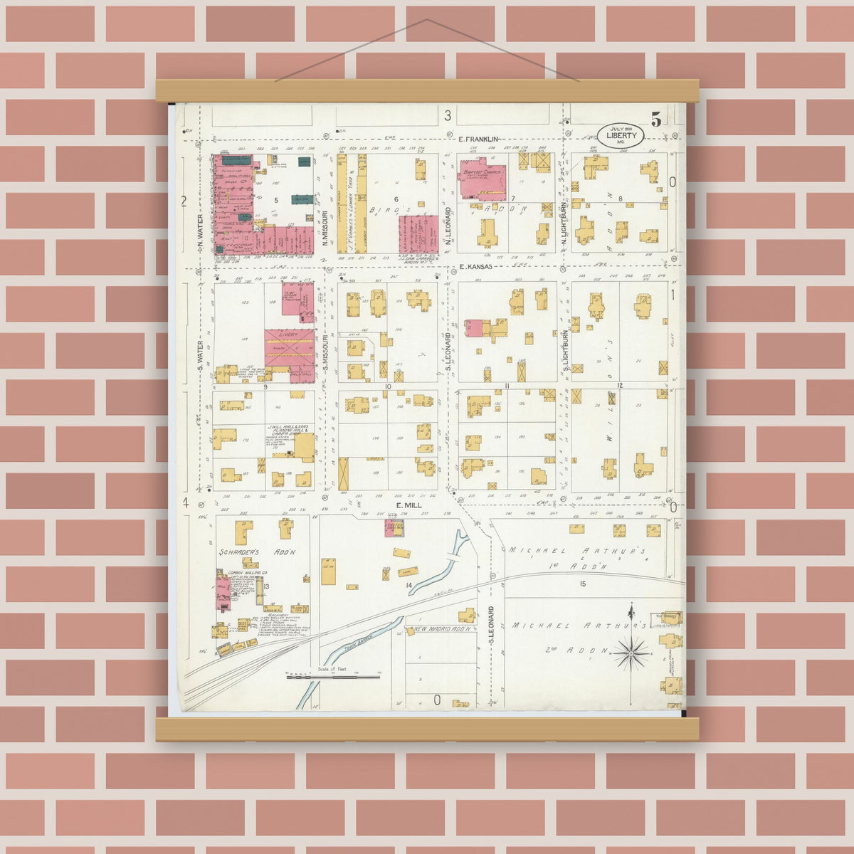 Old map wall art mockup — magnetic wood frame on brick wall — Sanborn Fire Insurance Map from Liberty, Clay County, Missouri (1906), Sheet #0005