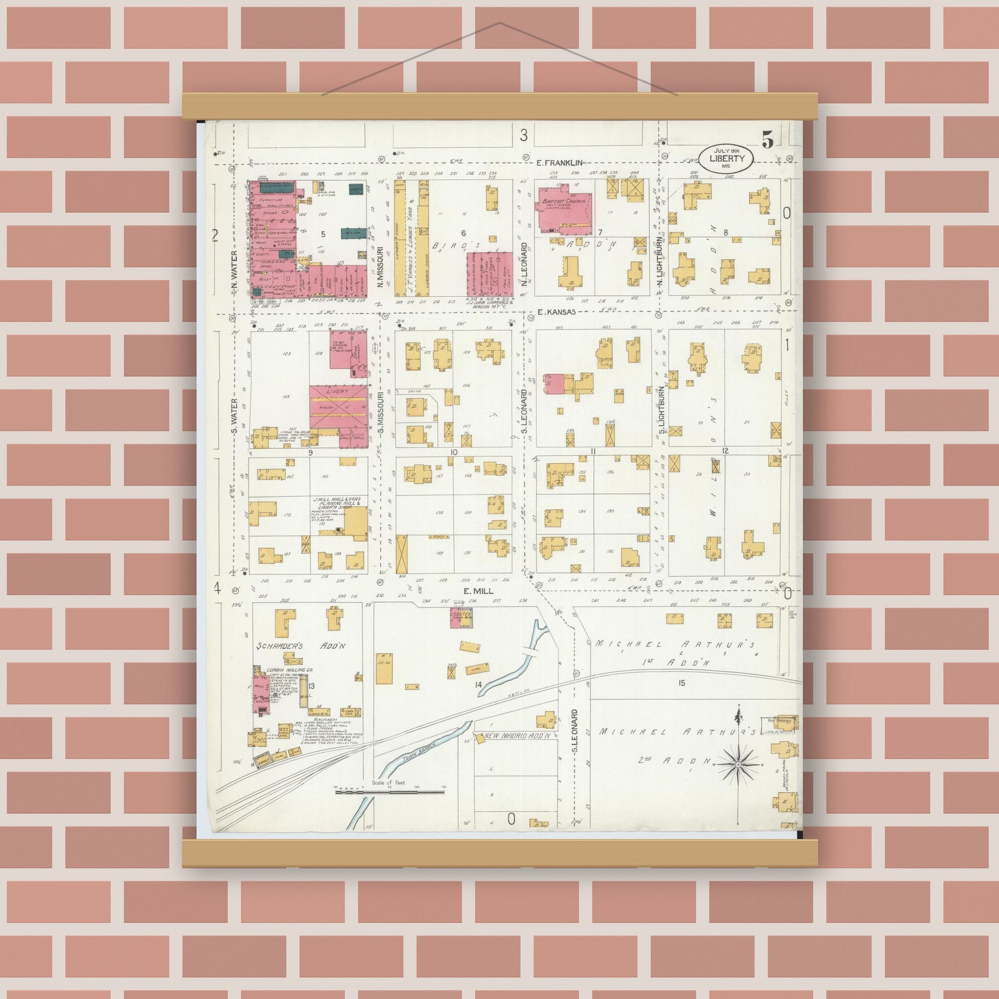 Old map wall art mockup — magnetic wood frame on brick wall — Sanborn Fire Insurance Map from Liberty, Clay County, Missouri (1906), Sheet #0005