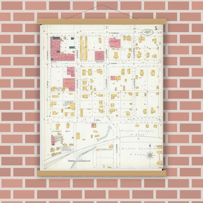 Old map wall art mockup — magnetic wood frame on brick wall — Sanborn Fire Insurance Map from Liberty, Clay County, Missouri (1906), Sheet #0005