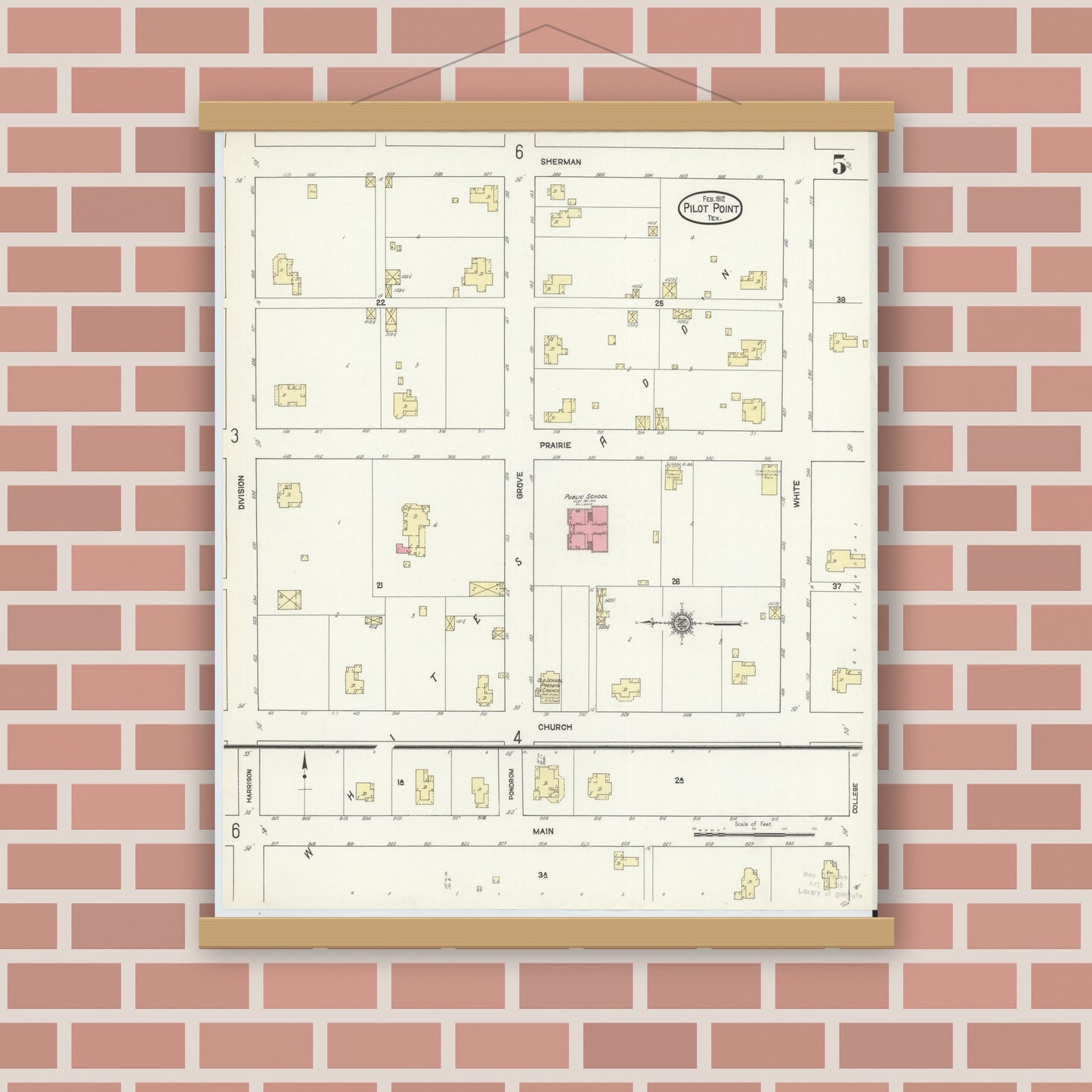 Old map wall art mockup — magnetic wood frame on brick wall — Sanborn Fire Insurance Map from Pilot Point, Denton County, Texas (1912), Sheet #0005