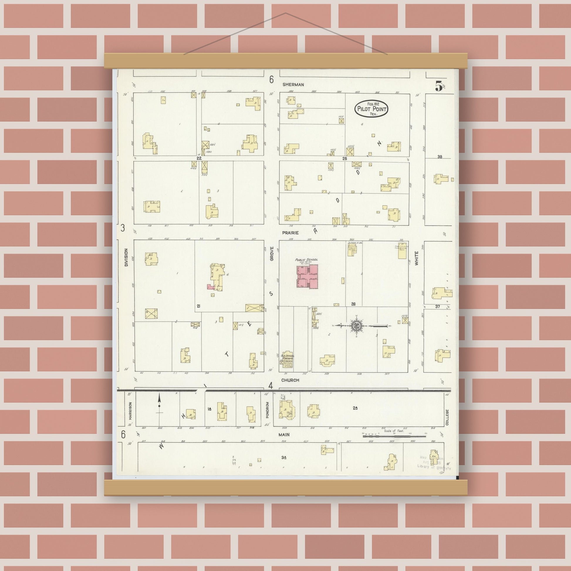 Old map wall art mockup — magnetic wood frame on brick wall — Sanborn Fire Insurance Map from Pilot Point, Denton County, Texas (1912), Sheet #0005