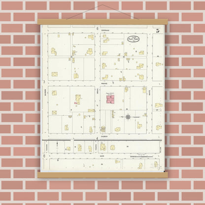 Old map wall art mockup — magnetic wood frame on brick wall — Sanborn Fire Insurance Map from Pilot Point, Denton County, Texas (1912), Sheet #0005