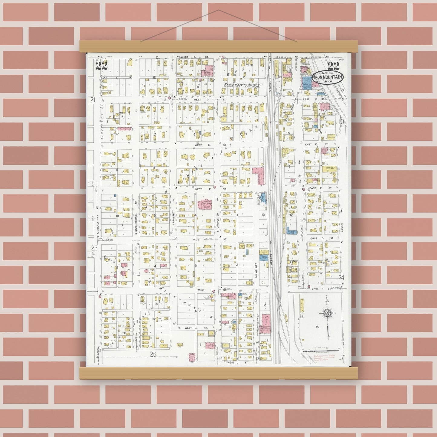 Old map wall art mockup — magnetic wood frame on brick wall — Sanborn Fire Insurance Map from Iron Mountain, Dickinson County, Michigan (1930), Sheet #0022