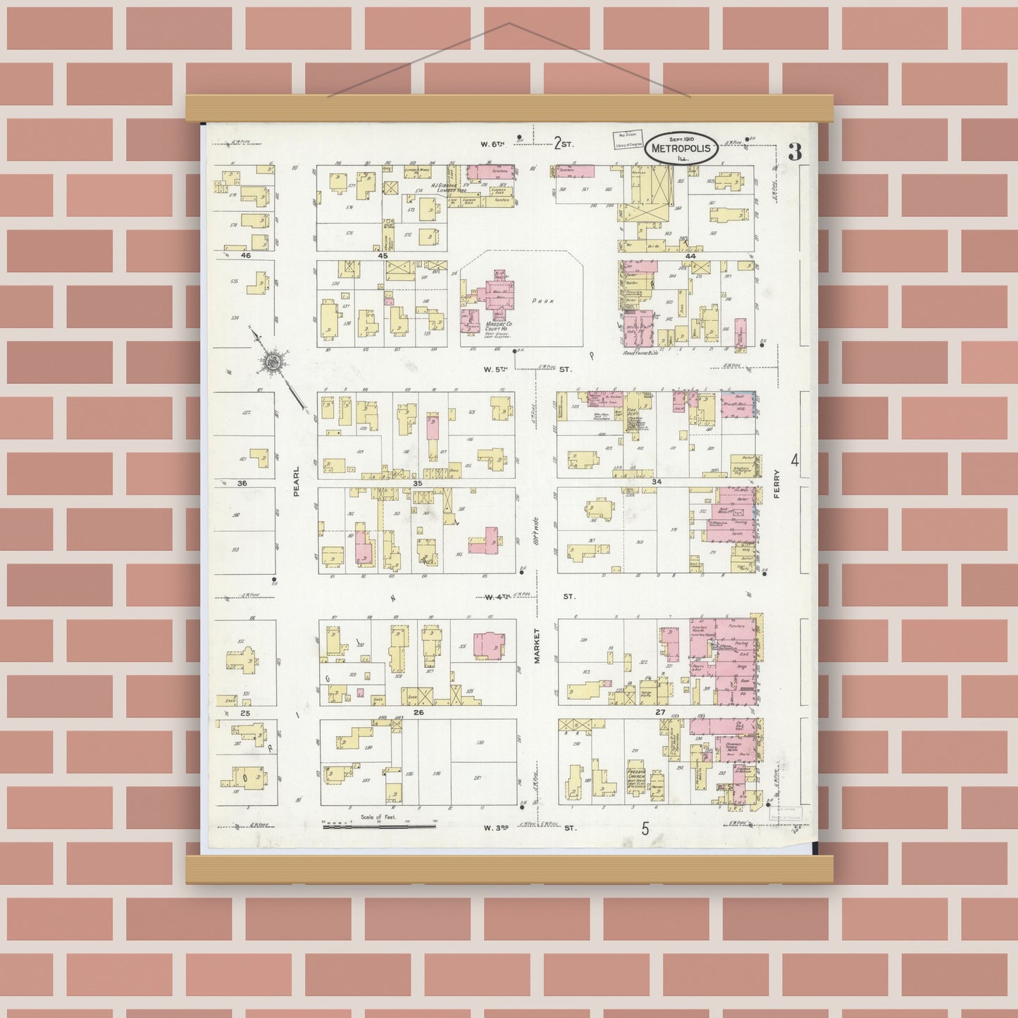 Old map wall art mockup — magnetic wood frame on brick wall — Sanborn Fire Insurance Map from Metropolis, Massac County, Illinois (1910), Sheet #0003