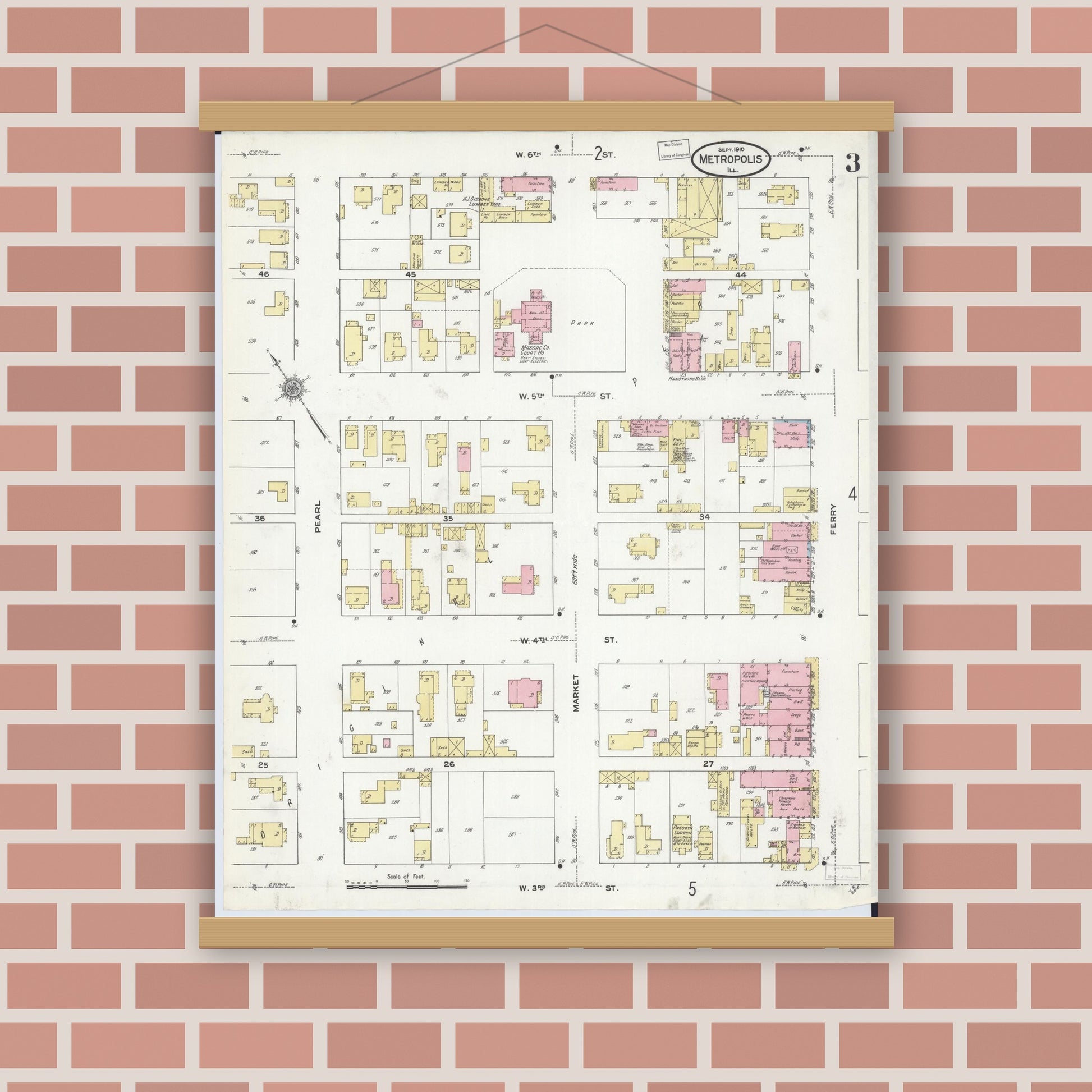 Old map wall art mockup — magnetic wood frame on brick wall — Sanborn Fire Insurance Map from Metropolis, Massac County, Illinois (1910), Sheet #0003