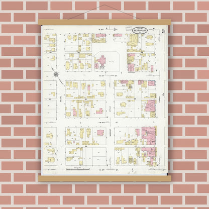 Old map wall art mockup — magnetic wood frame on brick wall — Sanborn Fire Insurance Map from Metropolis, Massac County, Illinois (1910), Sheet #0003
