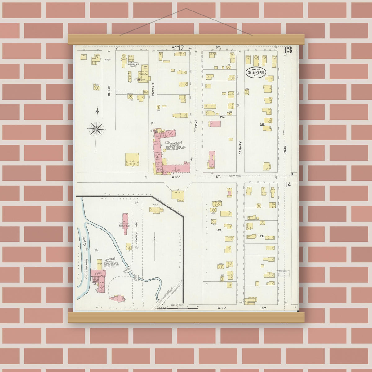 Old map wall art mockup — magnetic wood frame on brick wall — Sanborn Fire Insurance Map from Dunkirk, Chautauqua County, New York (1898), Sheet #0013