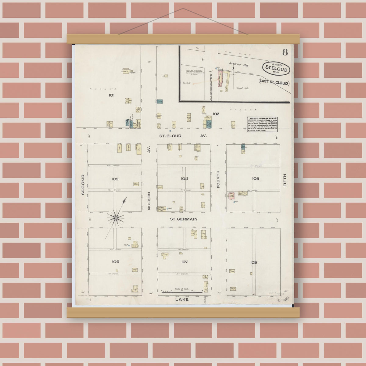 Old map wall art mockup — magnetic wood frame on brick wall — Sanborn Fire Insurance Map from Saint Cloud, Stearns, Benton, and Sherburne Counties, Minnesota (1884), Sheet #0008