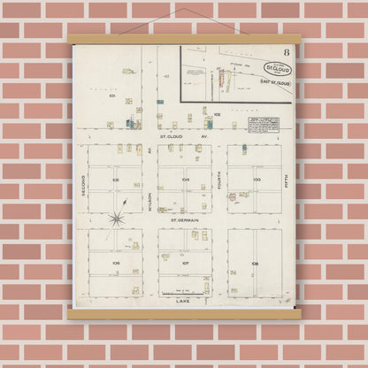 Old map wall art mockup — magnetic wood frame on brick wall — Sanborn Fire Insurance Map from Saint Cloud, Stearns, Benton, and Sherburne Counties, Minnesota (1884), Sheet #0008
