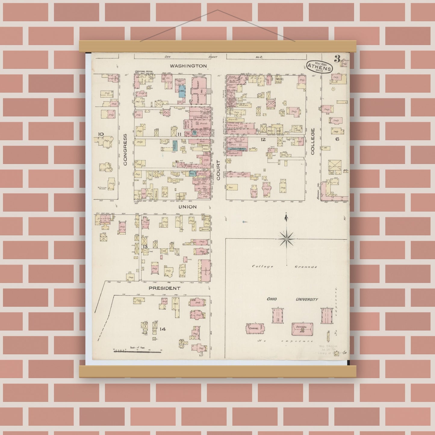 Old map wall art mockup — magnetic wood frame on brick wall — Sanborn Fire Insurance Map from Athens, Athens County, Ohio (1885), Sheet #0003