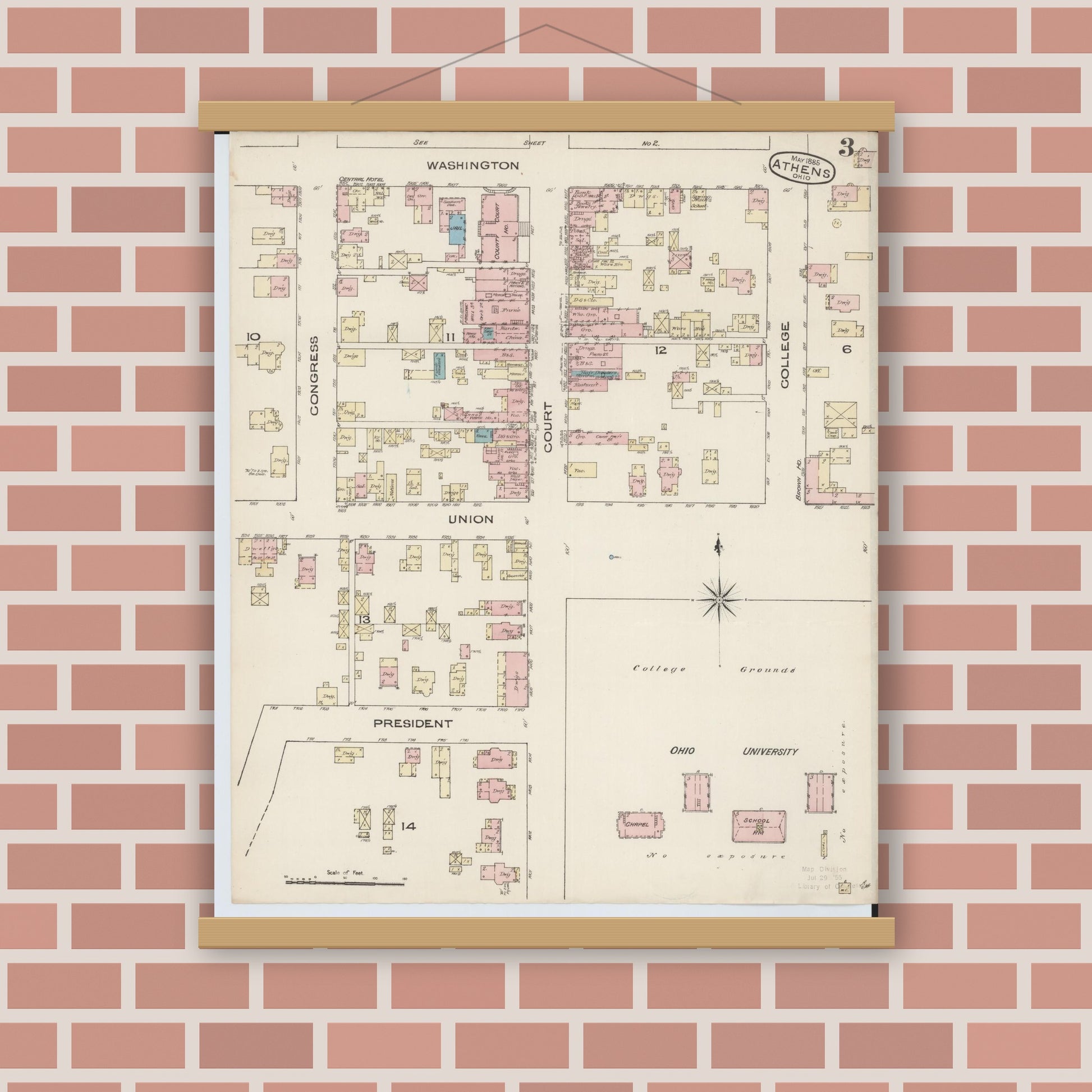 Old map wall art mockup — magnetic wood frame on brick wall — Sanborn Fire Insurance Map from Athens, Athens County, Ohio (1885), Sheet #0003