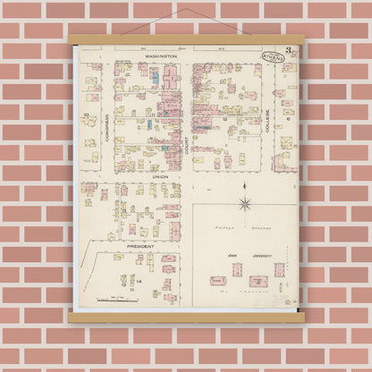 Old map wall art mockup — magnetic wood frame on brick wall — Sanborn Fire Insurance Map from Athens, Athens County, Ohio (1885), Sheet #0003