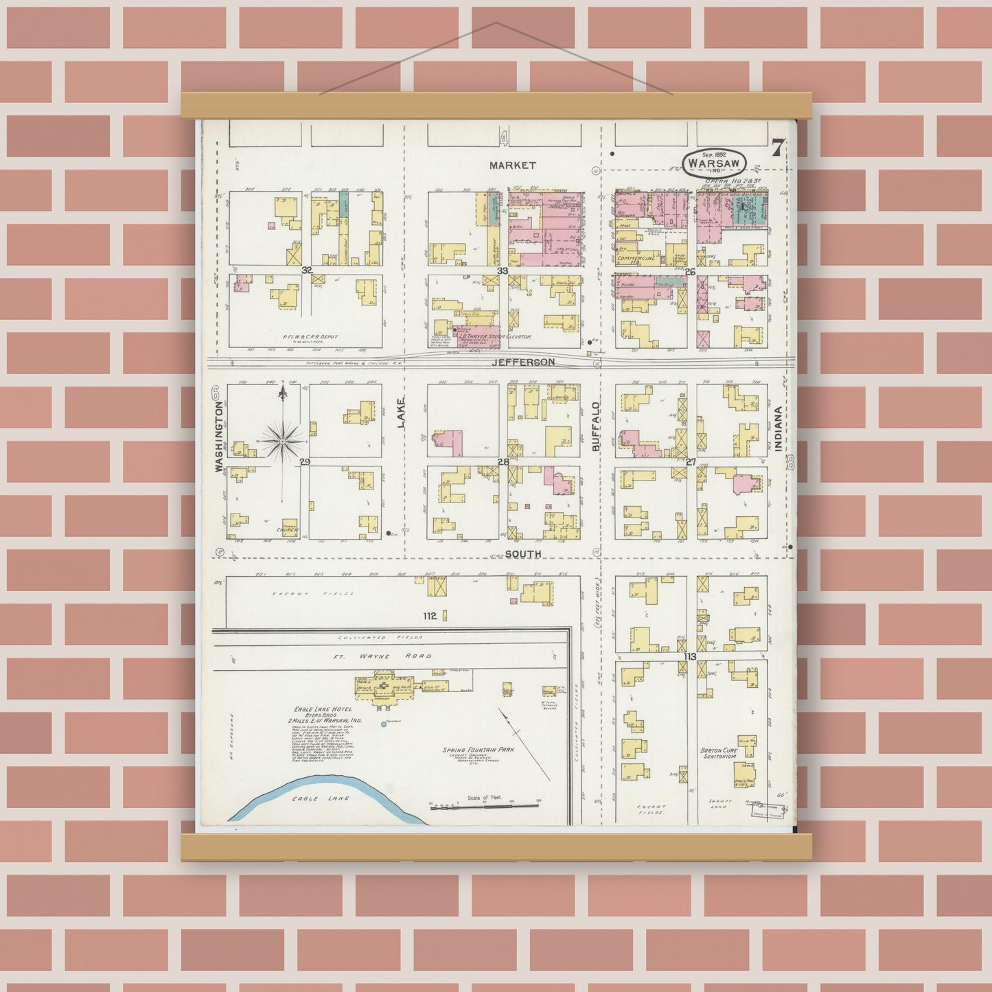Old map wall art mockup — magnetic wood frame on brick wall — Sanborn Fire Insurance Map from Warsaw, Kosciusko County, Indiana (1892), Sheet #0007