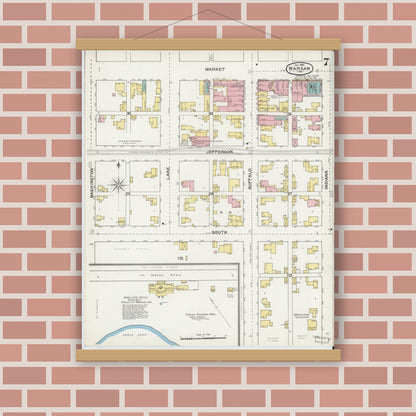 Old map wall art mockup — magnetic wood frame on brick wall — Sanborn Fire Insurance Map from Warsaw, Kosciusko County, Indiana (1892), Sheet #0007