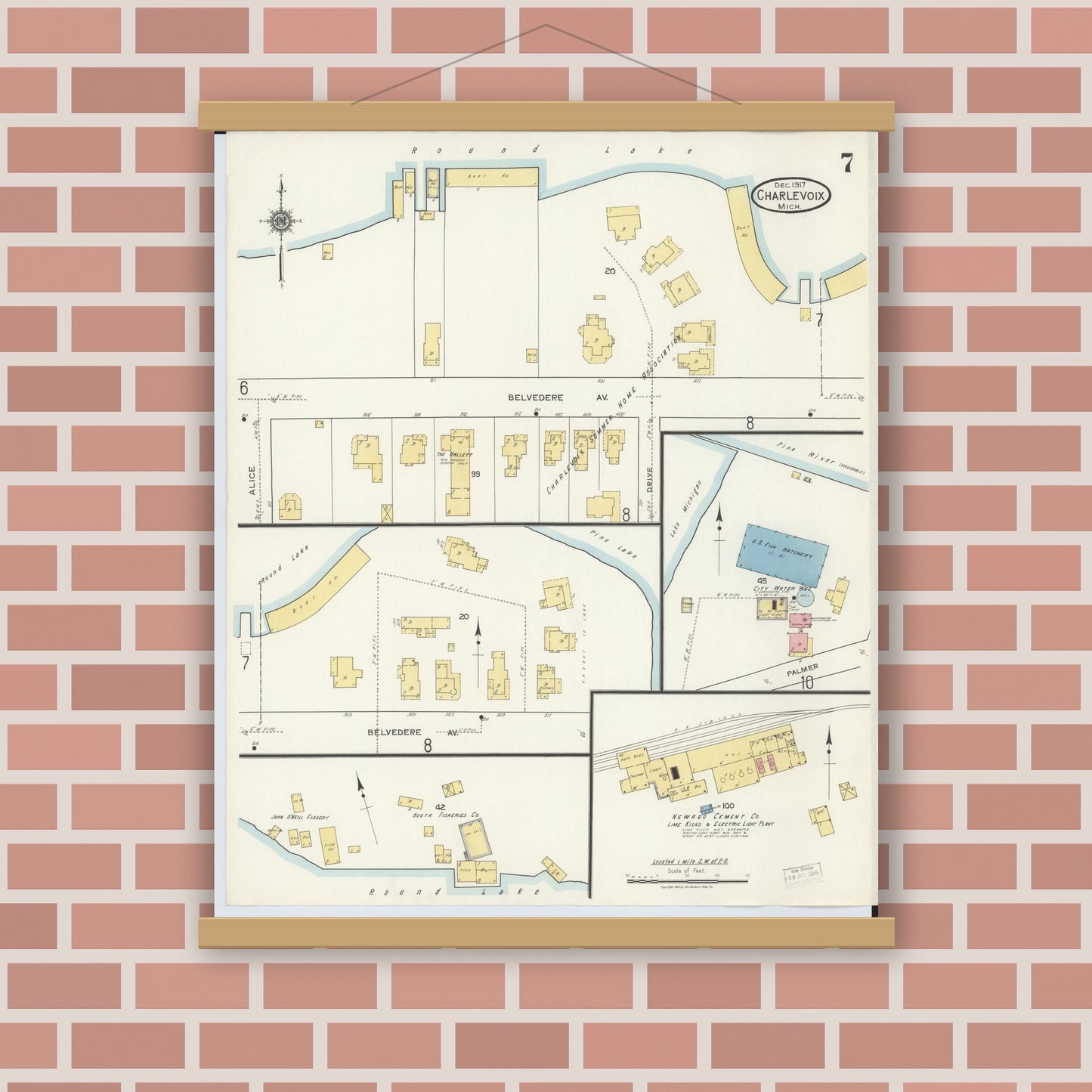 Old map wall art mockup — magnetic wood frame on brick wall — Sanborn Fire Insurance Map from Charlevoix, Charlevoix County, Michigan (1917), Sheet #0007