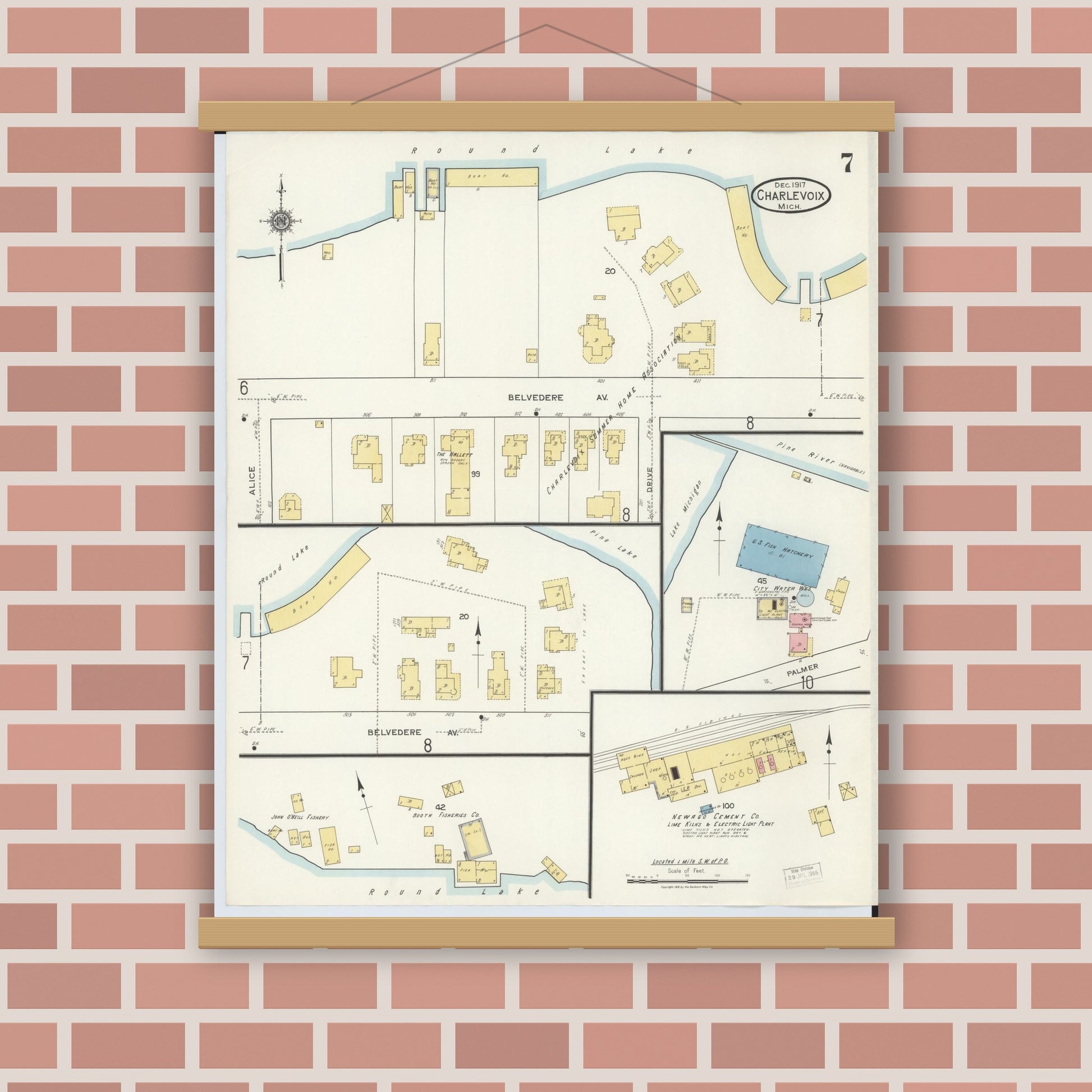 Old map wall art mockup — magnetic wood frame on brick wall — Sanborn Fire Insurance Map from Charlevoix, Charlevoix County, Michigan (1917), Sheet #0007