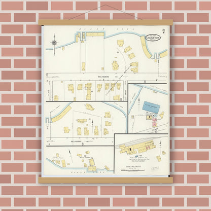 Old map wall art mockup — magnetic wood frame on brick wall — Sanborn Fire Insurance Map from Charlevoix, Charlevoix County, Michigan (1917), Sheet #0007