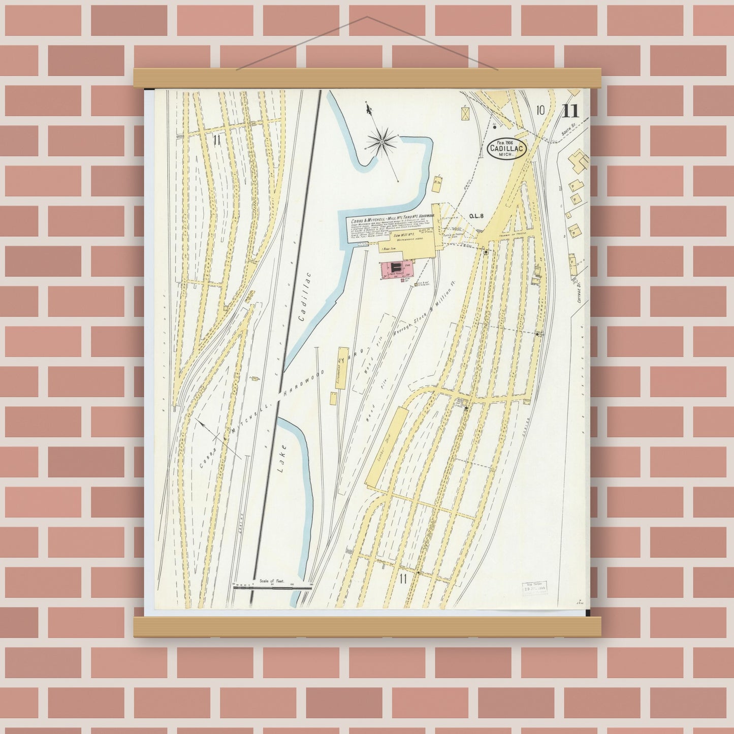Old map wall art mockup — magnetic wood frame on brick wall — Sanborn Fire Insurance Map from Cadillac, Wexford County, Michigan (1906), Sheet #0011