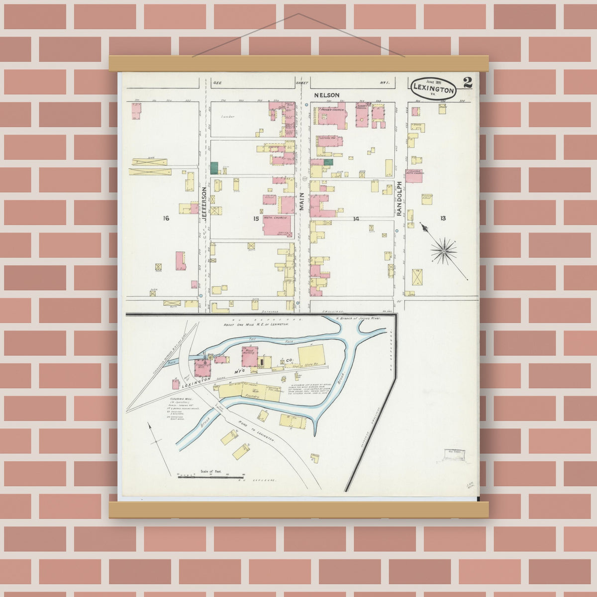 Old map wall art mockup — magnetic wood frame on brick wall — Sanborn Fire Insurance Map from Lexington, Independent Cities, Virginia (1891), Sheet #0002