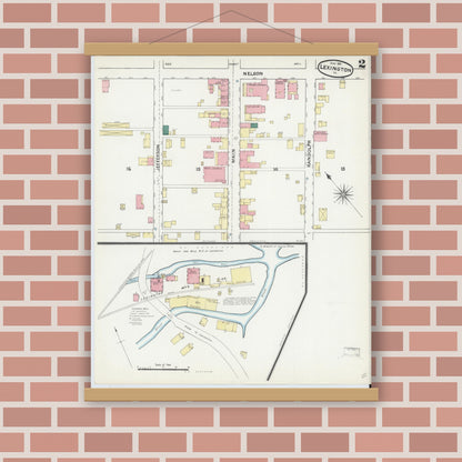 Old map wall art mockup — magnetic wood frame on brick wall — Sanborn Fire Insurance Map from Lexington, Independent Cities, Virginia (1891), Sheet #0002
