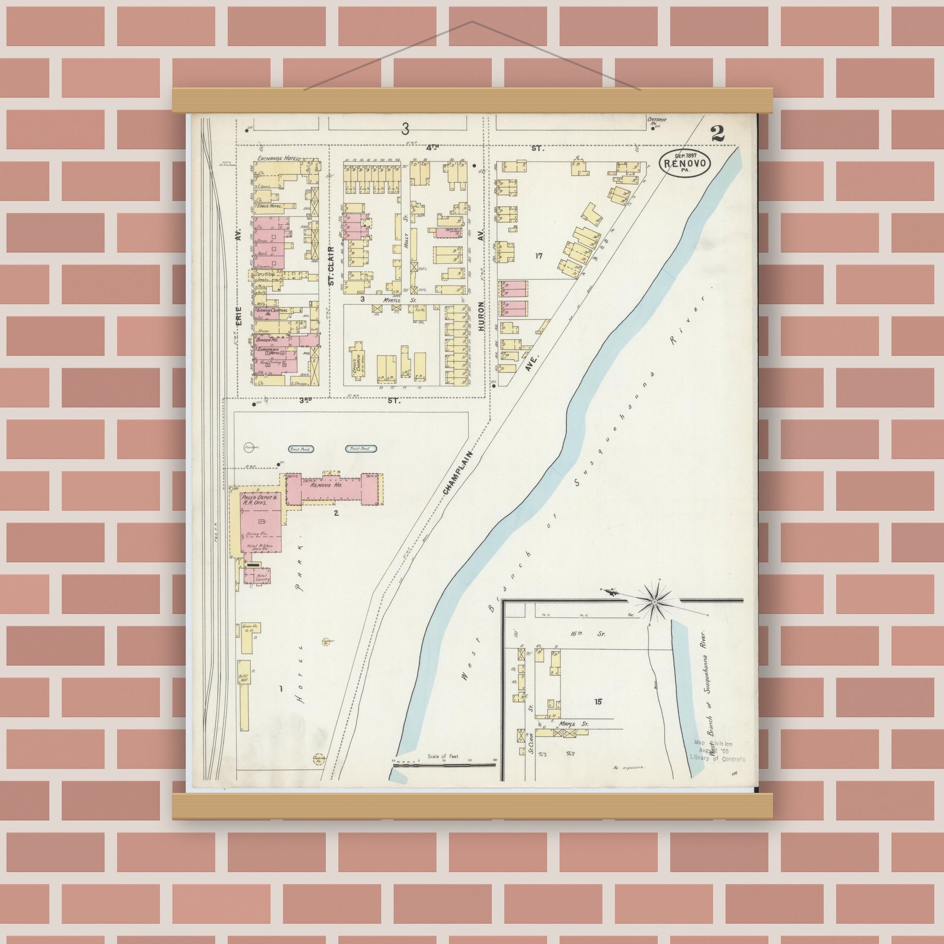 Old map wall art mockup — magnetic wood frame on brick wall — Sanborn Fire Insurance Map from Renovo, Clinton County, Pennsylvania (1897), Sheet #0002