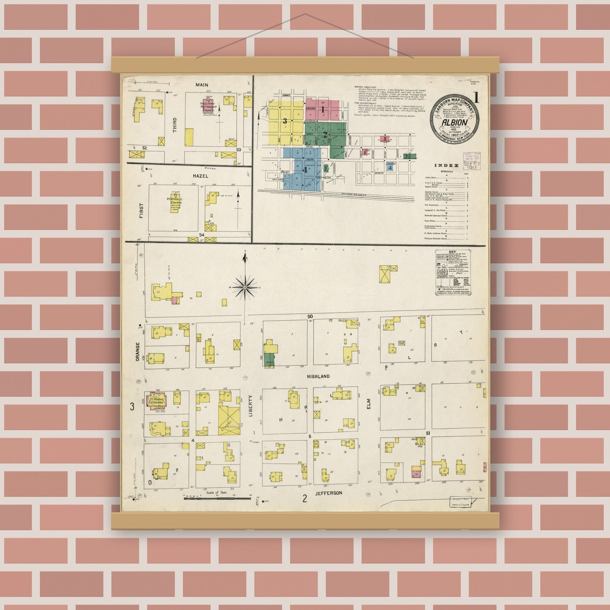 Old map wall art mockup — magnetic wood frame on brick wall — Sanborn Fire Insurance Map from Albion, Noble County, Indiana (1907), Sheet #0001