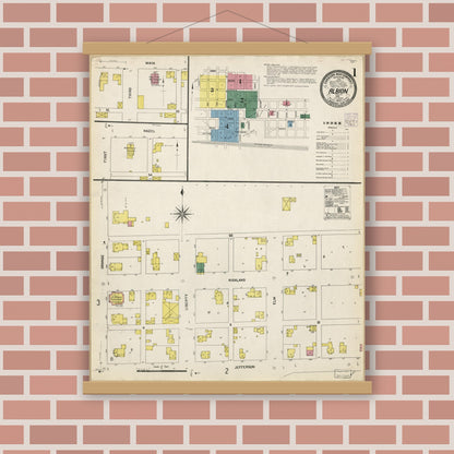 Old map wall art mockup — magnetic wood frame on brick wall — Sanborn Fire Insurance Map from Albion, Noble County, Indiana (1907), Sheet #0001