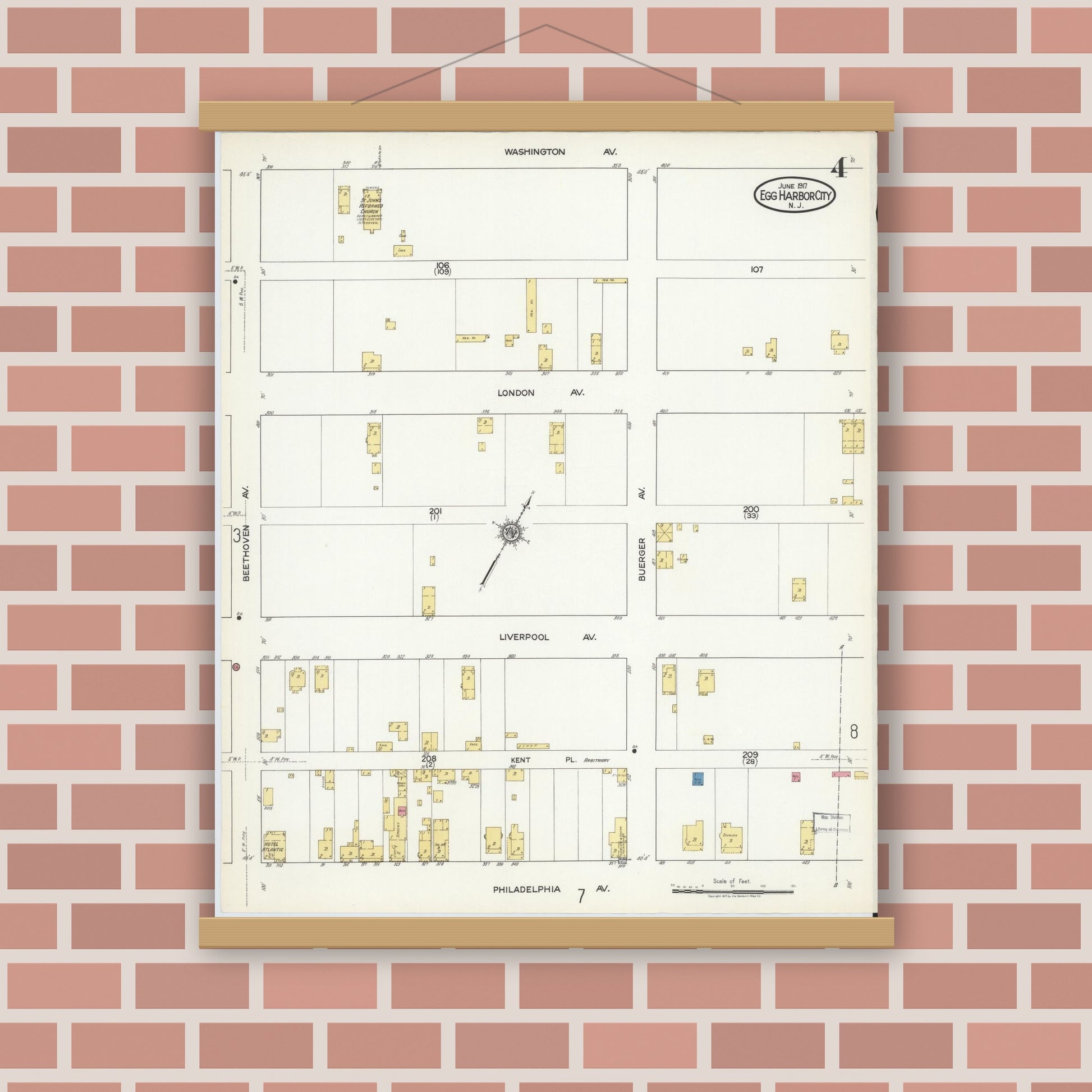 Old map wall art mockup — magnetic wood frame on brick wall — Sanborn Fire Insurance Map from Egg Harbor City, Atlantic County, New Jersey (1917), Sheet #0004