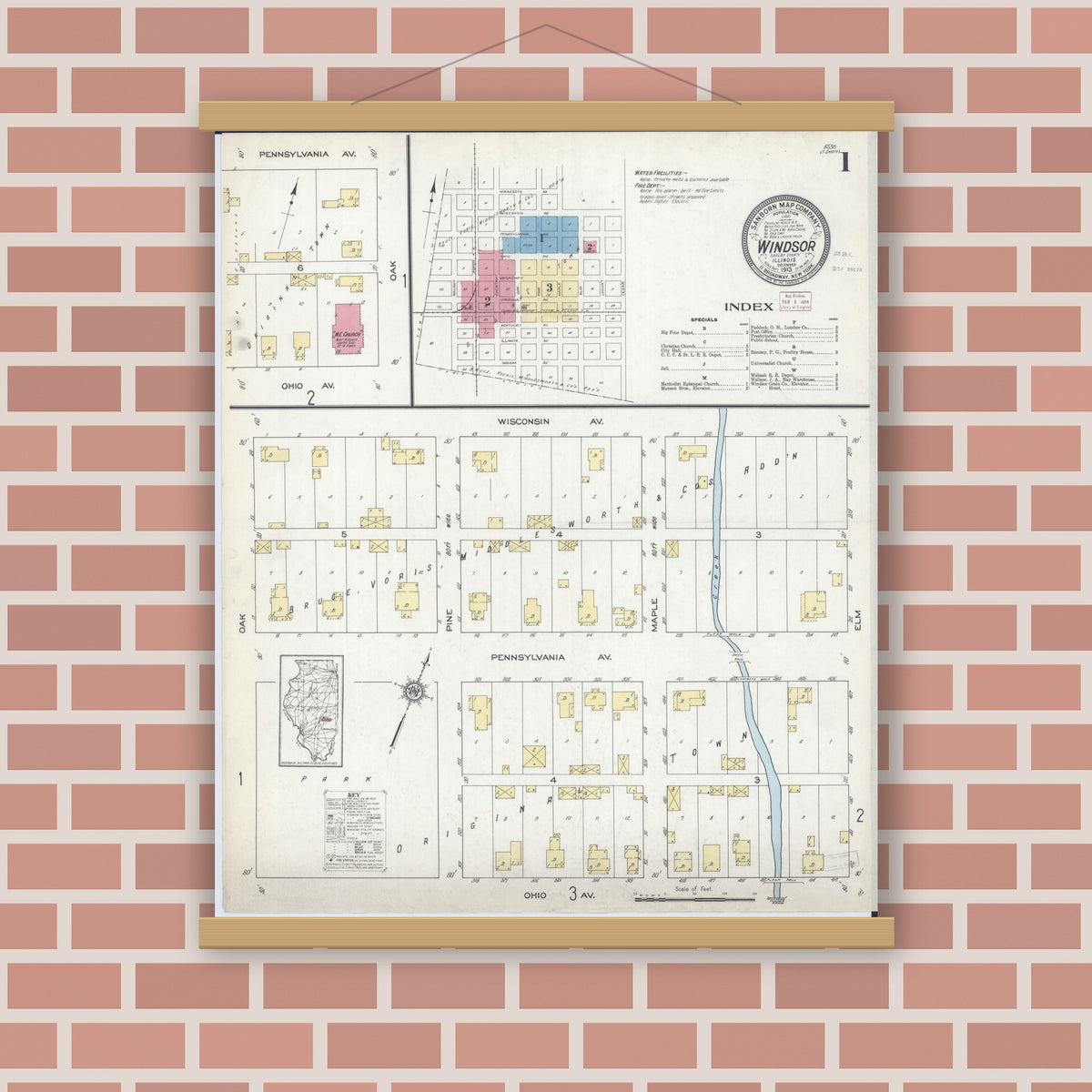 Old map wall art mockup — magnetic wood frame on brick wall — Sanborn Fire Insurance Map from Windsor, Shelby County, Illinois (1913) - Complete Map Set