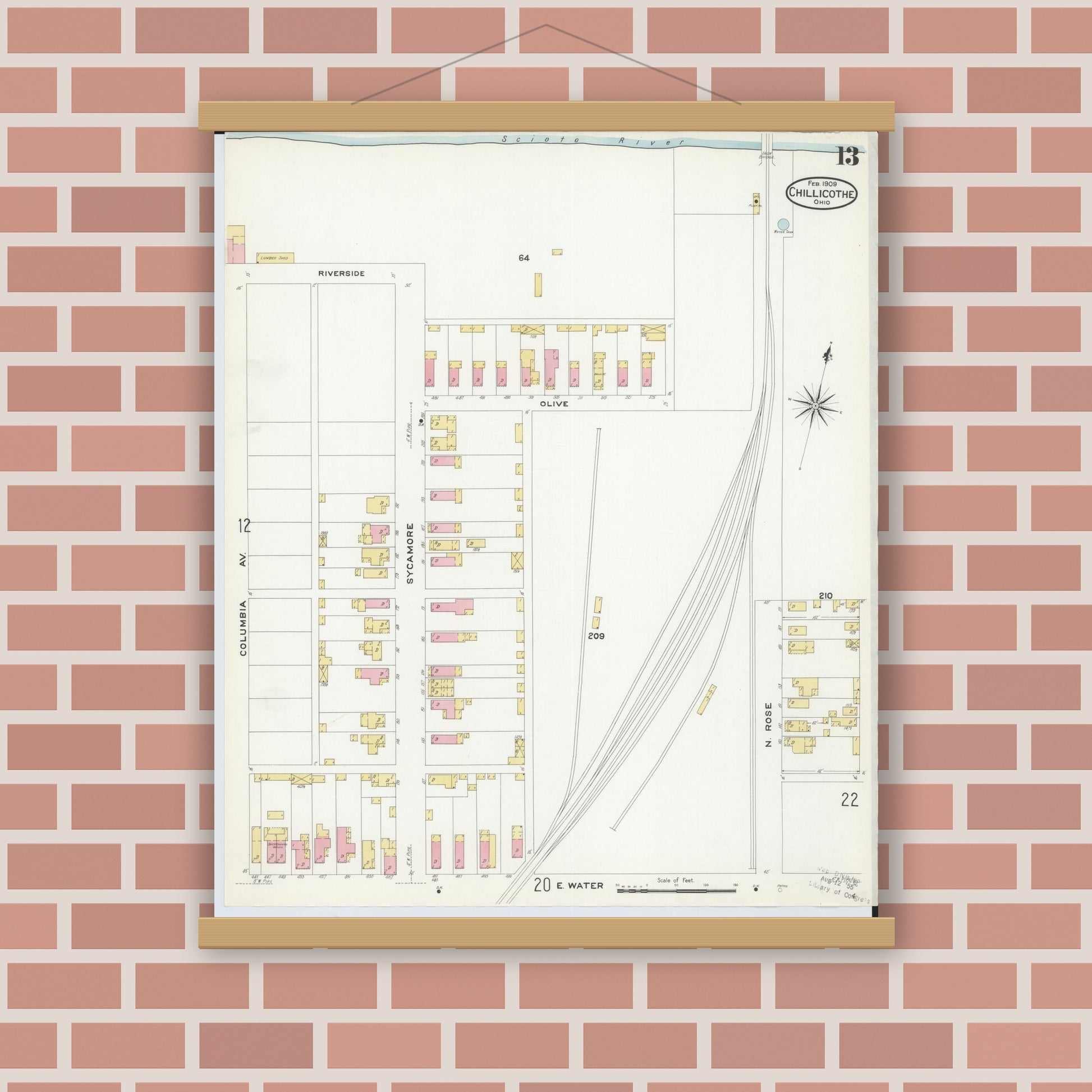 Old map wall art mockup — magnetic wood frame on brick wall — Sanborn Fire Insurance Map from Chillicothe, Ross County, Ohio (1909), Sheet #0013