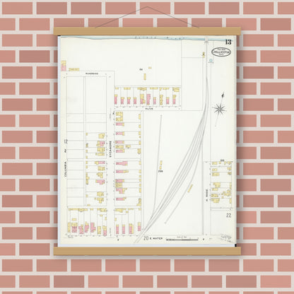 Old map wall art mockup — magnetic wood frame on brick wall — Sanborn Fire Insurance Map from Chillicothe, Ross County, Ohio (1909), Sheet #0013